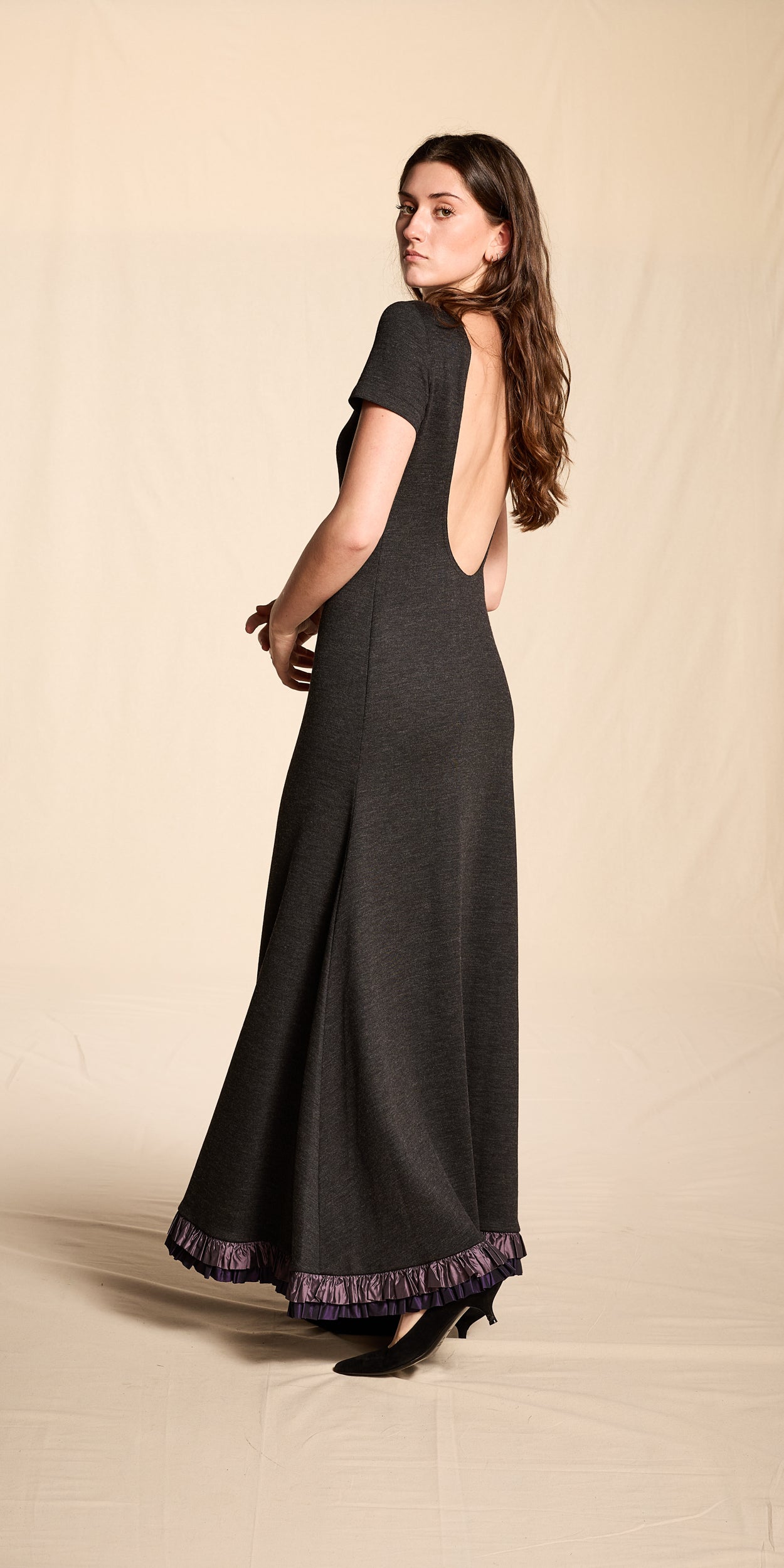 Guy Laroche by Alber Elbaz Fall/Winter 1997 Charcoal Wool Backless Dress with Taffeta Trim