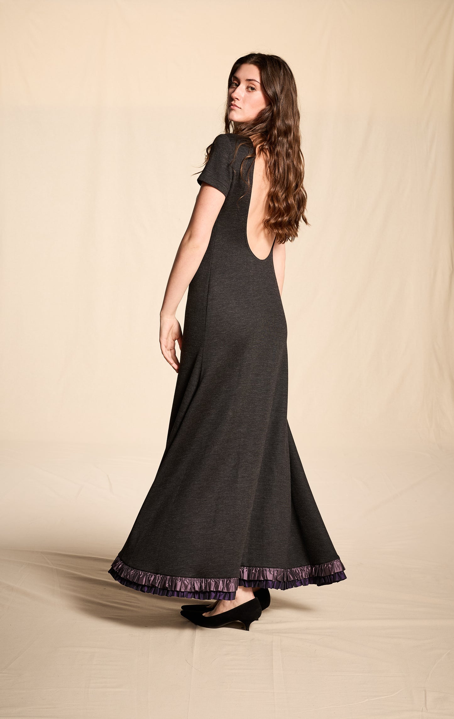 Guy Laroche by Alber Elbaz Fall/Winter 1997 Charcoal Wool Backless Dress with Taffeta Trim