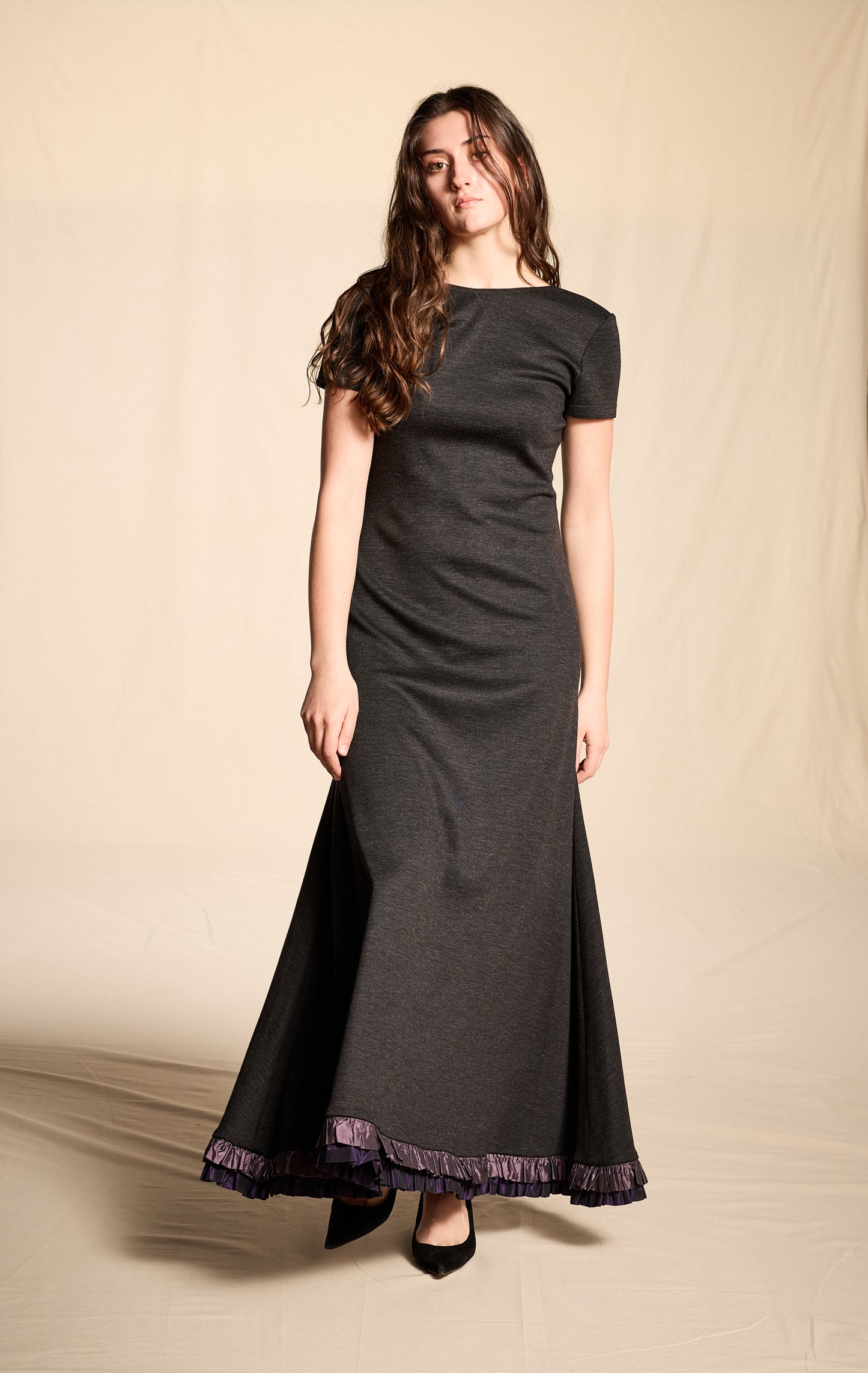 Guy Laroche by Alber Elbaz Fall/Winter 1997 Charcoal Wool Backless Dress with Taffeta Trim