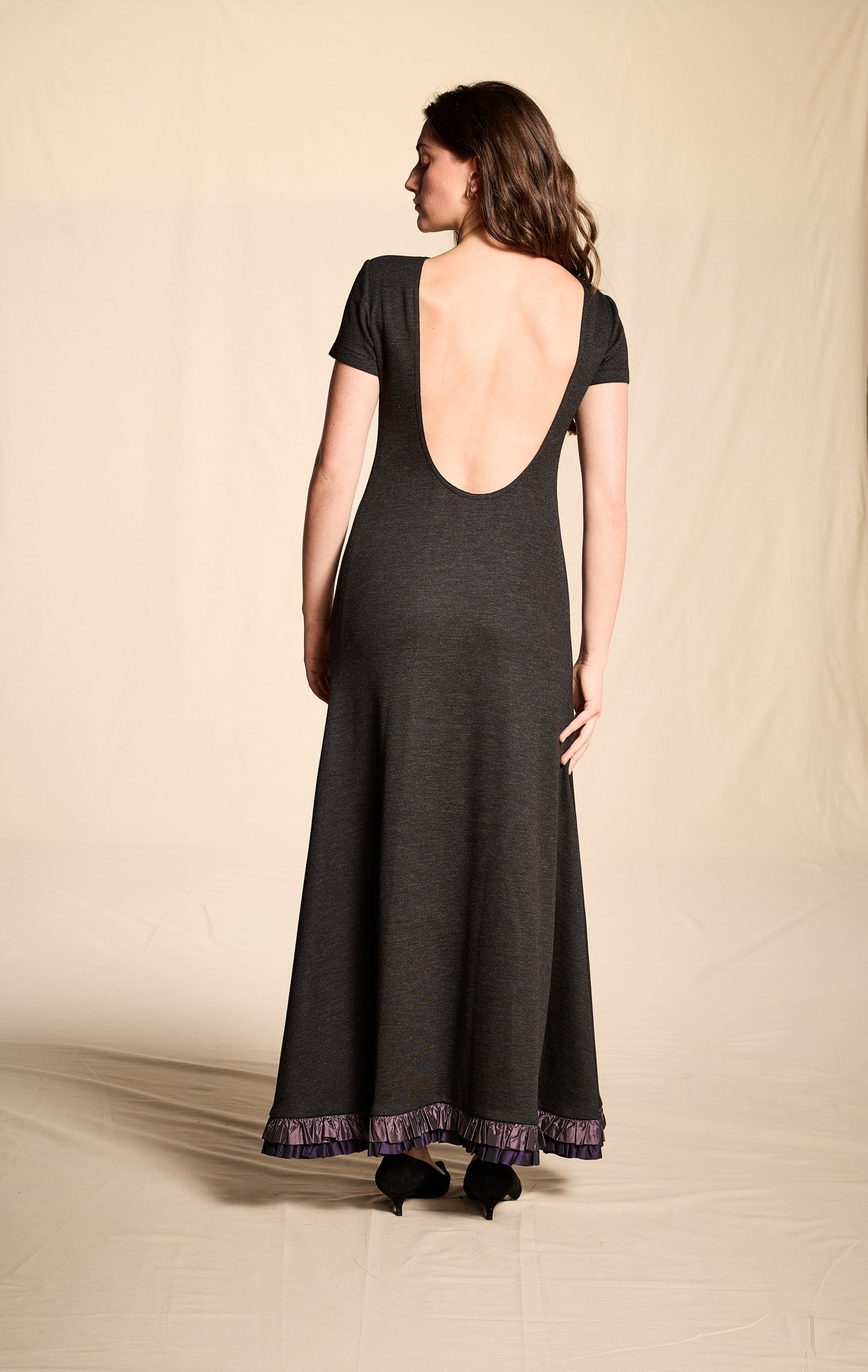 Guy Laroche by Alber Elbaz Fall/Winter 1997 Charcoal Wool Backless Dress with Taffeta Trim