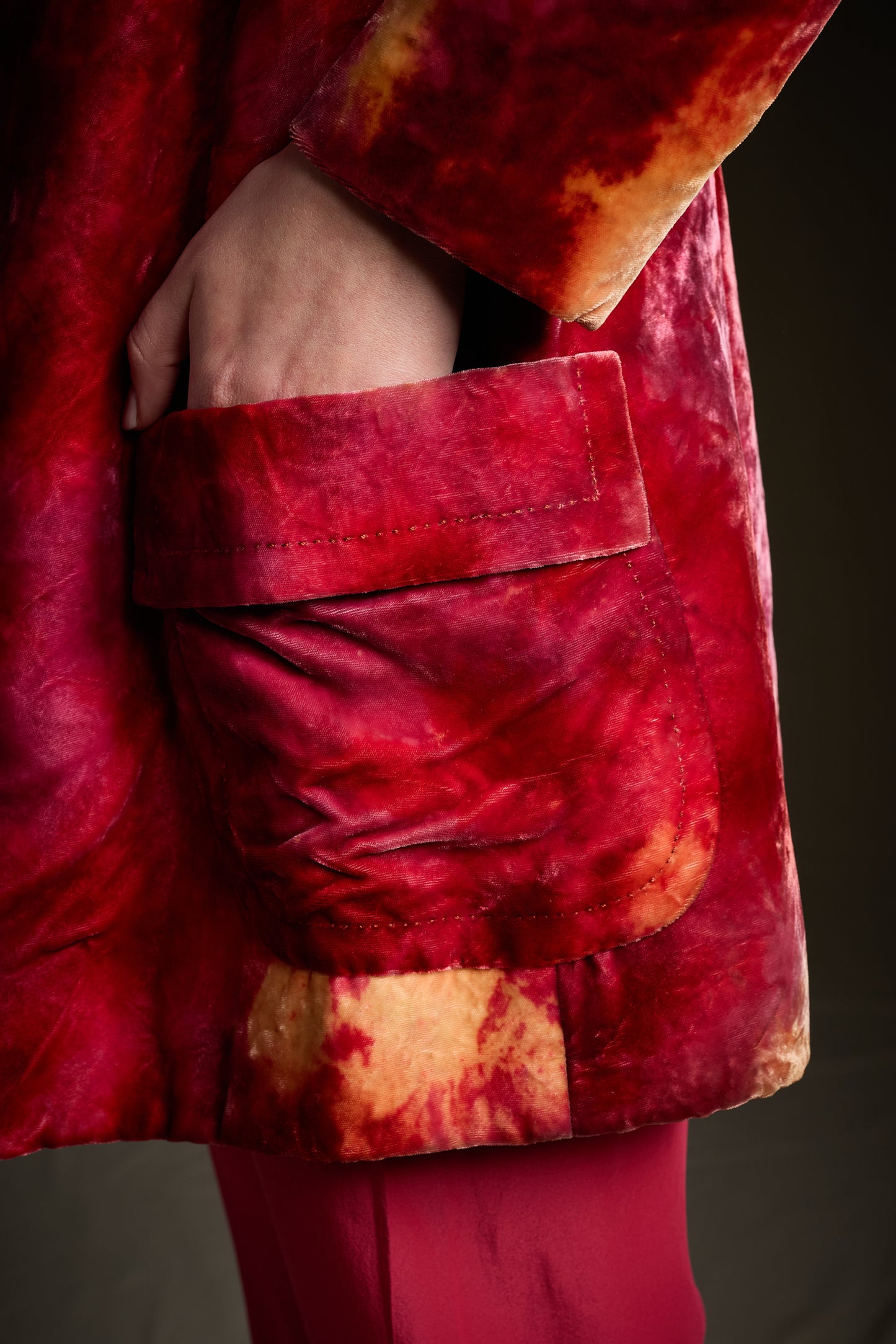Halston 1960s-1970s Crimson and Burgundy Tie-Dye Velvet Evening Jacket