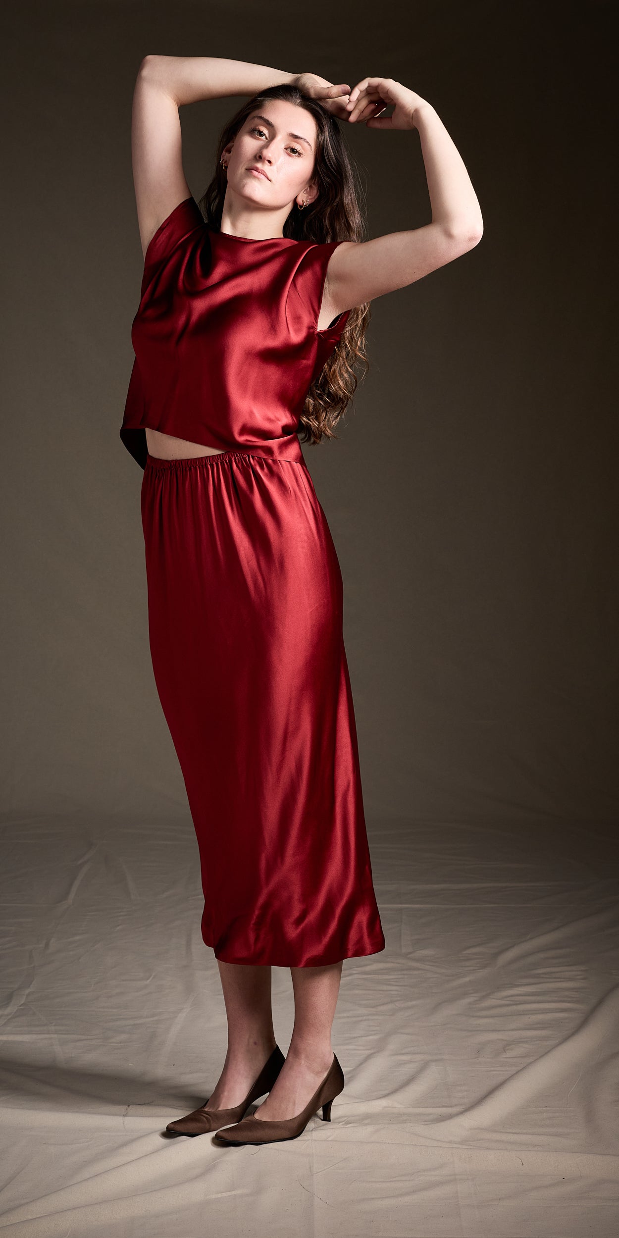 Halston 1970s Deadstock Crimson Silk Bias Cut Ensemble
