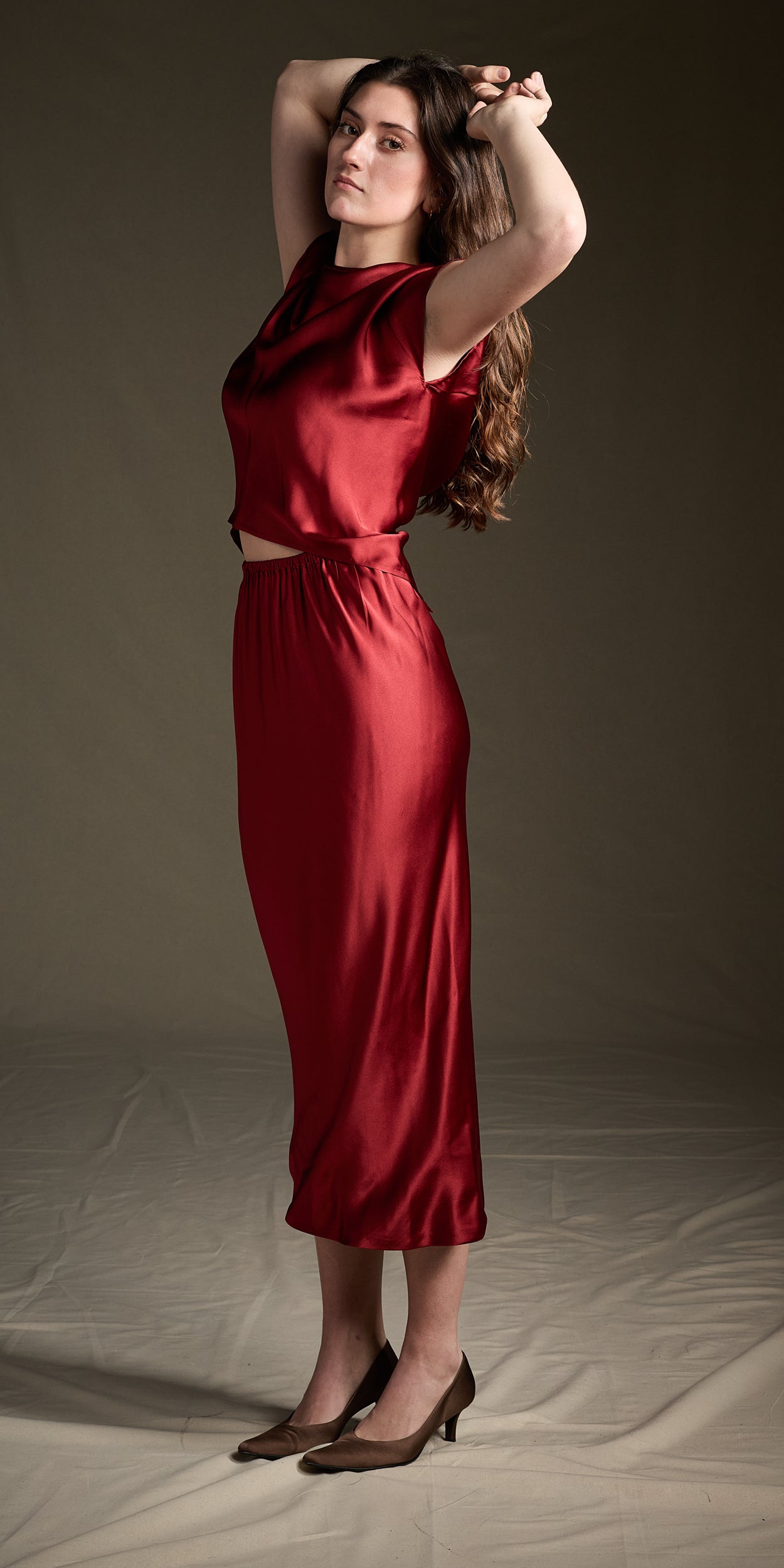 Halston 1970s Deadstock Crimson Silk Bias Cut Ensemble