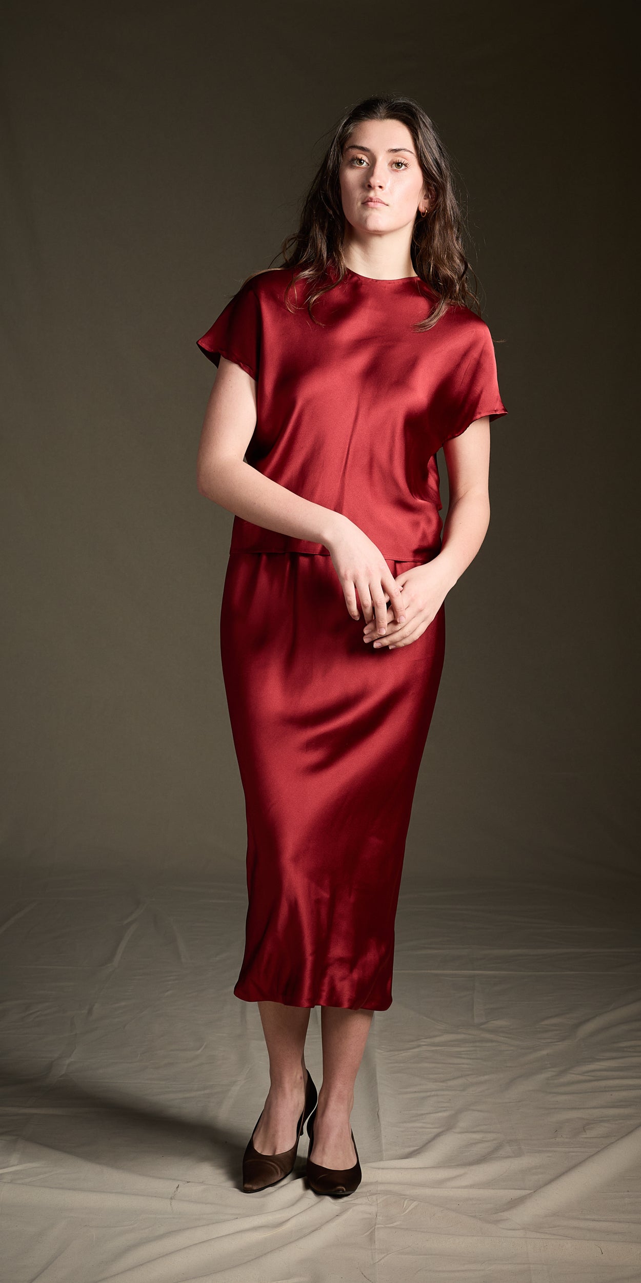 Halston 1970s Deadstock Crimson Silk Bias Cut Ensemble